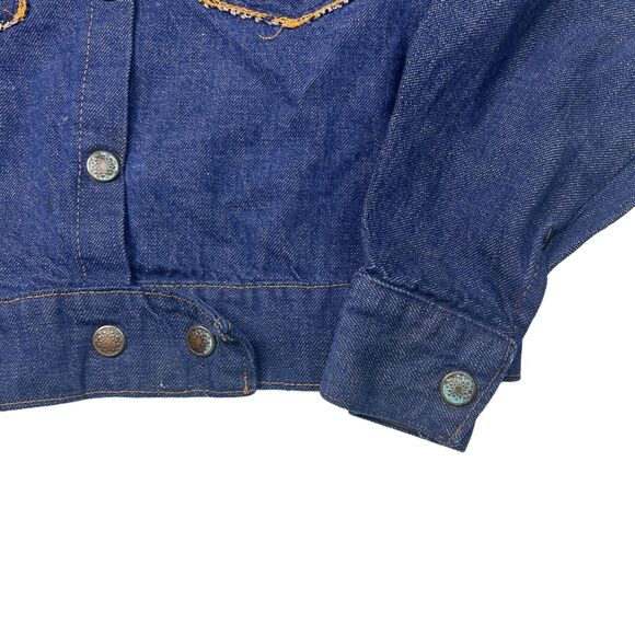 Vintage 70s Big Spread Collar Snap Front Denim Jacket Nature Patch FLAW Youth 7 - Picture 6 of 9